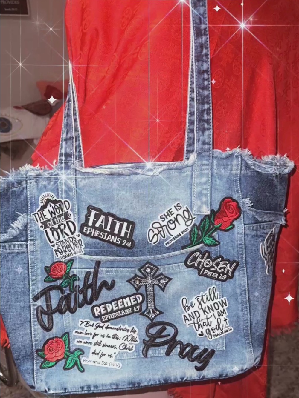 Faith Embroidered Denim Tote Bag - Blue